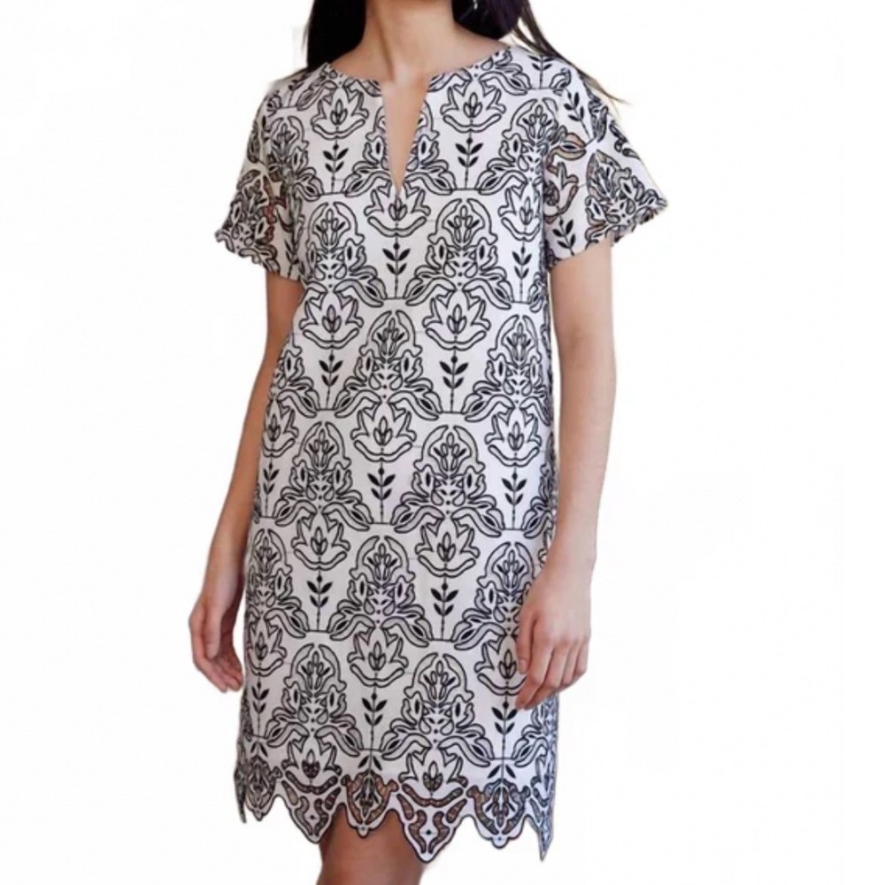 Abbey Glass White Black Embroidered Scalloped Hem Shift Dress Size L NWT Preppy